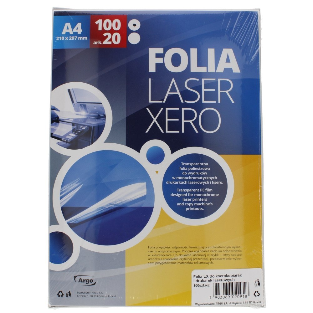 TRANSPARENTE FOLIE FÜR LASER-/KOPIERDRUCKER A4 PACKUNG MIT 100 STÜCK. ARGO 413038 ARGO